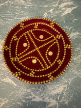 Load image into Gallery viewer, Make Your Wishes Come True Hand painted Red Trinket Dish Indian Material Gold Circle for storage of items jewellery hand made embellished tray 18x18cm