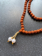 Load image into Gallery viewer, EXTREMELY LUCKY Prayer Beads 108 Mala Japa Rudraksha Blessed in India Handmade Faux Pearl Tassel Spiritual Meditation Beads Rudraksh