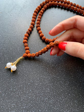 Load image into Gallery viewer, EXTREMELY LUCKY Prayer Beads 108 Mala Japa Rudraksha Blessed in India Handmade Faux Pearl Tassel Spiritual Meditation Beads Rudraksh