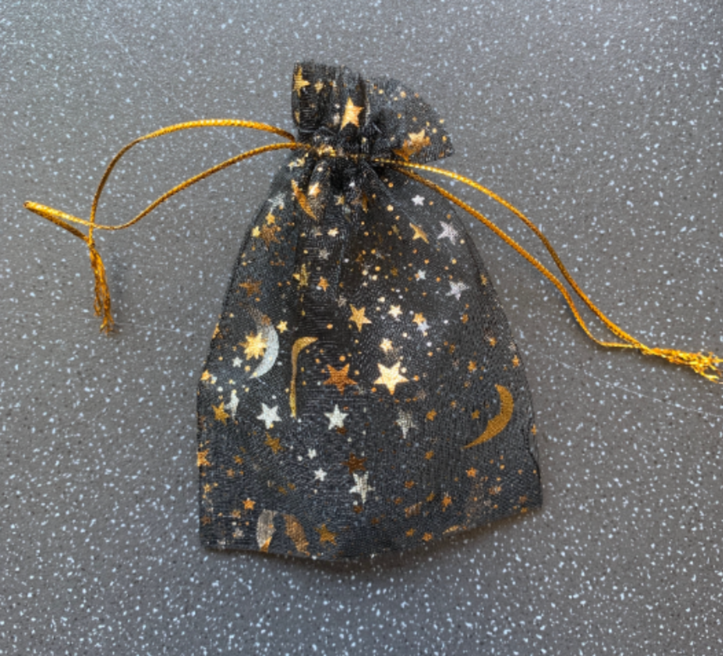 Gift Pouch Black, Gold Moon & Stars Drawstring Astrology Organza Bag Gift 9x12cm