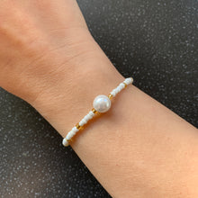 Load image into Gallery viewer, Knowledge and Wisdom Intention Tie Bracelet Faux Pearl and Gold for IQ, Integrity, Studying