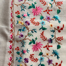 Load image into Gallery viewer, Love Manifesting Hand Embroidered Floral Pashmina Shawl Scarf Multicolour Thread Work White Design Flower Embroidery Warm Soft 100% Cashmere Blend Fabric
