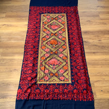 Load image into Gallery viewer, Twin Flame Harmony Hand Embroidered Floral Pashmina Shawl Scarf Navy Blue and Red Floral Flower Embroidery Design Warm Soft 100% Cashmere Blend Fabric