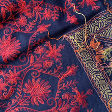 Load image into Gallery viewer, Twin Flame Harmony Hand Embroidered Floral Pashmina Shawl Scarf Navy Blue and Red Floral Flower Embroidery Design Warm Soft 100% Cashmere Blend Fabric