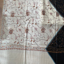 Load image into Gallery viewer, Yin & Yang Hand Embroidered Floral Pashmina Shawl Scarf Black and White Flower Leaves Embroidery Warm Soft 100% Cashmere Blend