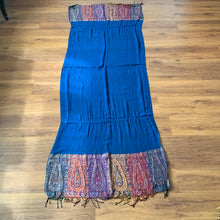 Load image into Gallery viewer, Peace Pashmina Blue Mulicolour Pattern Reversible Wear Both Ways Shawl Scarf Silver Blue Multicolour Rainbow Warm Soft 100% Cashmere Blend Fabric