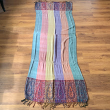 Load image into Gallery viewer, Peace Pashmina Blue Mulicolour Pattern Reversible Wear Both Ways Shawl Scarf Silver Blue Multicolour Rainbow Warm Soft 100% Cashmere Blend Fabric