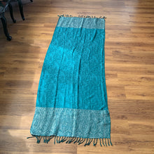 Load image into Gallery viewer, Make a wish Pashmina Paisley Teal Tassel Reversible Wear Both Ways Shawl Scarf Silver Teal Green Woven Work Warm Soft 100% Cashmere Blend Fabric