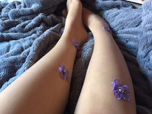Load image into Gallery viewer, Make a wish Nude Tights with Applique Purple Flower Embellished Panty Hose Floral Transparent Handmade Dress Up Hosiery Perfect for Special Occasions