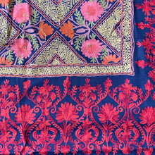 Load image into Gallery viewer, Twin Flame Harmony Hand Embroidered Floral Pashmina Shawl Scarf Navy Blue and Red Floral Flower Embroidery Design Warm Soft 100% Cashmere Blend Fabric
