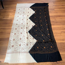 Load image into Gallery viewer, Yin &amp; Yang Hand Embroidered Floral Pashmina Shawl Scarf Black and White Flower Leaves Embroidery Warm Soft 100% Cashmere Blend

