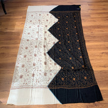 Load image into Gallery viewer, Yin & Yang Hand Embroidered Floral Pashmina Shawl Scarf Black and White Flower Leaves Embroidery Warm Soft 100% Cashmere Blend