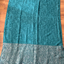 Load image into Gallery viewer, Make a wish Pashmina Paisley Teal Tassel Reversible Wear Both Ways Shawl Scarf Silver Teal Green Woven Work Warm Soft 100% Cashmere Blend Fabric