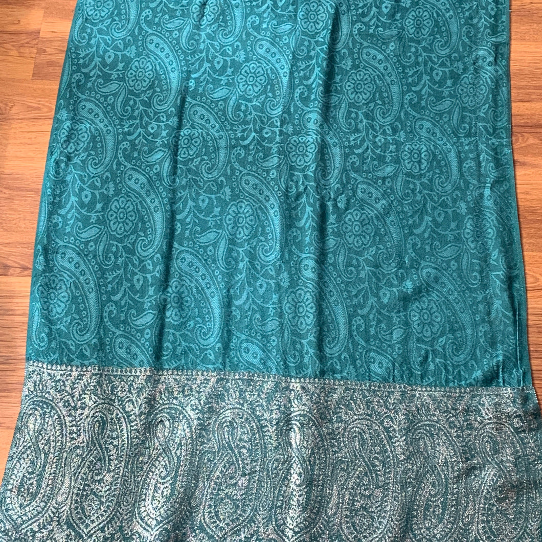 Make a wish Pashmina Paisley Teal Tassel Reversible Wear Both Ways Shawl Scarf Silver Teal Green Woven Work Warm Soft 100% Cashmere Blend Fabric