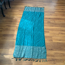 Load image into Gallery viewer, Make a wish Pashmina Paisley Teal Tassel Reversible Wear Both Ways Shawl Scarf Silver Teal Green Woven Work Warm Soft 100% Cashmere Blend Fabric