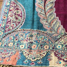 Load image into Gallery viewer, Love Paisley Floral Pashmina Shawl Scarf Sequin Embellished Red, Blue, Burgundy, Cream Tarot Style Design Warm Soft 100% Cashmere Blend Fabric