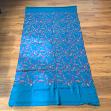 Load image into Gallery viewer, Peace Intention Floral Paisley Block Print Oswal Woollen Shawl Scarf Blue Pink Design Embroidery Warm Soft 100% Wool Border Fabric