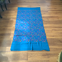 Load image into Gallery viewer, Peace Intention Floral Paisley Block Print Oswal Woollen Shawl Scarf Blue Pink Design Embroidery Warm Soft 100% Wool Border Fabric