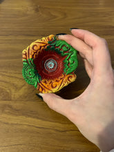Load image into Gallery viewer, Make Your Wishes Come True Intention Hand painted Small Trinket Dish Indian Clay Material Orange Green Circle for storage of items, jewellery hand made embellished tray 9 x 8cm
