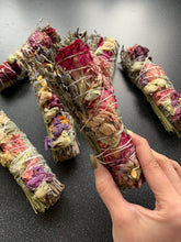 Load image into Gallery viewer, Sage Smudge Stick With Dried Flowers &amp; Lavender for Protection &amp; Cleansing You &amp; Your Space
