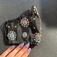 Load image into Gallery viewer, Black Holographic Sequin Embellished Silk Face mask with Elastic Ears Lined
