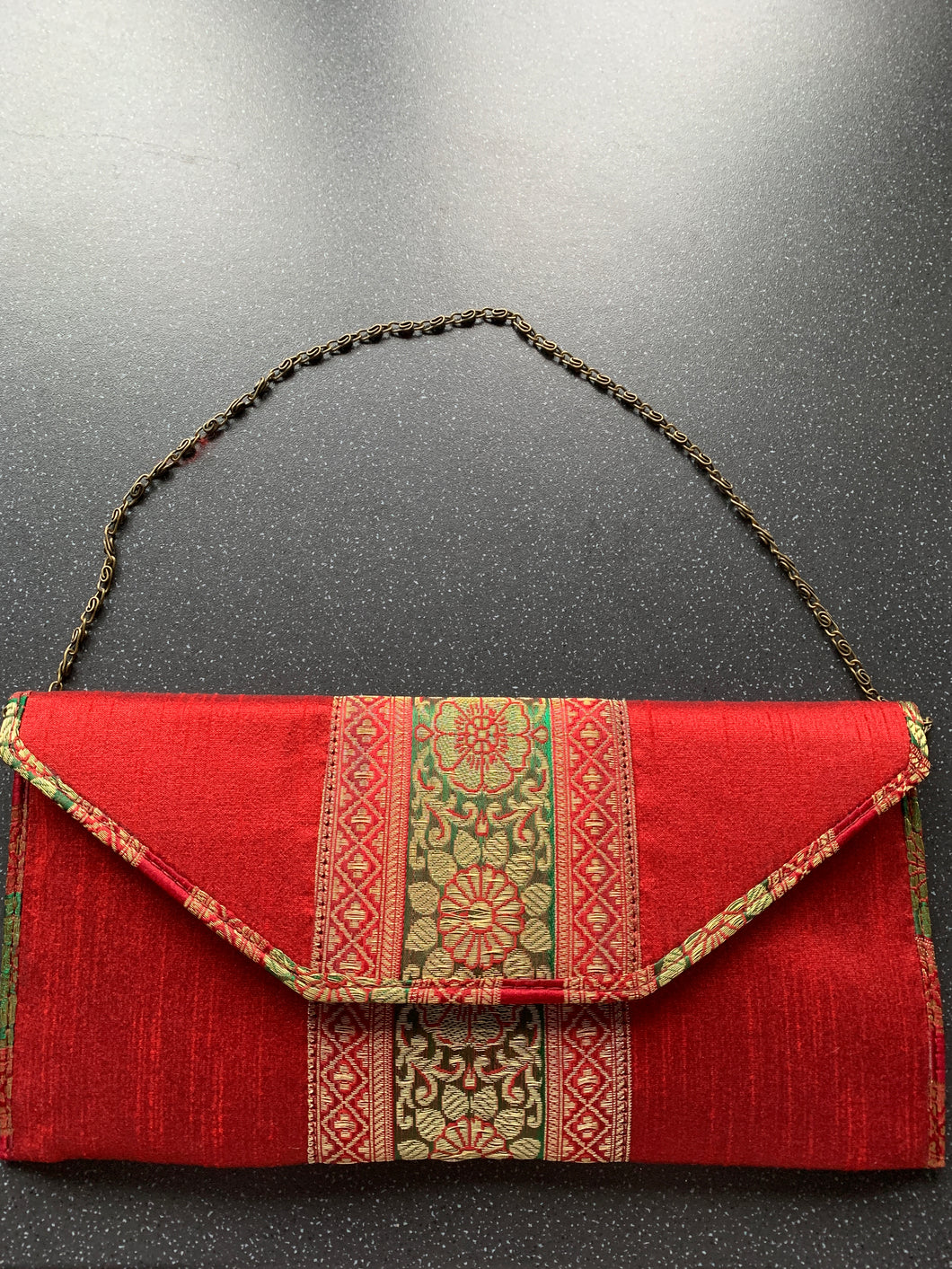 Make Your Wishes Come Good Luck Red Green Clutch Purse With Chain Raw Silk