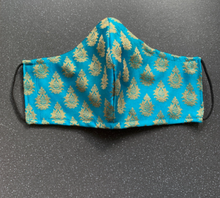 Load image into Gallery viewer, Blue &amp; Gold Woven Silk Face mask with Elastic Ears and Lined
