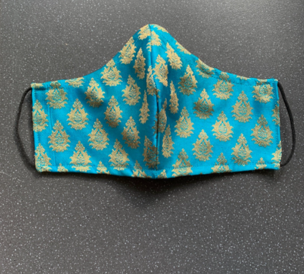Blue & Gold Woven Silk Face mask with Elastic Ears and Lined