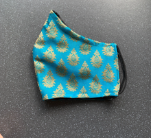 Load image into Gallery viewer, Blue &amp; Gold Woven Silk Face mask with Elastic Ears and Lined
