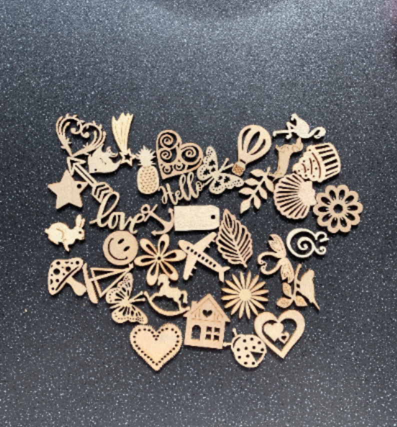 36 Wooden Charms for Divination Charm Casting Mixed Assortment Pieces Hearts, Flowers, Airplanes, Shell & More