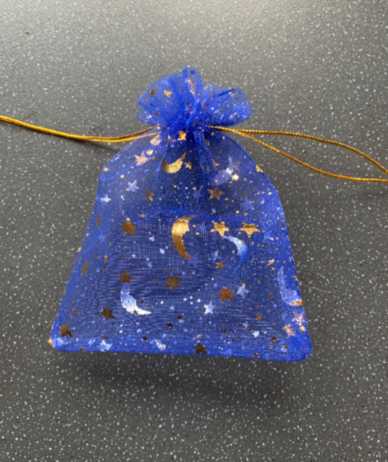 Gift Pouch Blue, Gold Moon & Stars Drawstring Organza Sheer Bag
