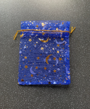 Load image into Gallery viewer, Gift Pouch Blue, Gold Moon &amp; Stars Drawstring Organza Sheer Bag
