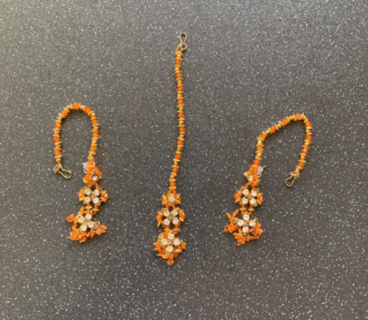 Jewellery set with Forehead Maang Tikka & Earrings Indian Rhinestone Gem Orange Jewellery Sets