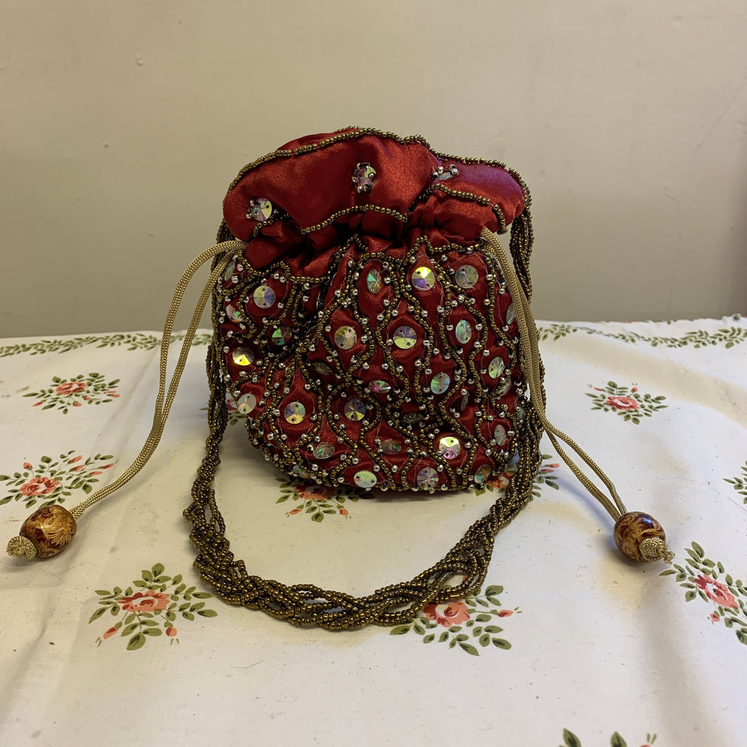 Love Manifesting Embellished Red Bucket Bag with Drawstring & Embellished Handle Purse