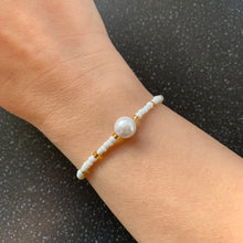 Load image into Gallery viewer, Knowledge and Wisdom Intention Tie Bracelet Faux Pearl and Gold for IQ, Integrity, Studying

