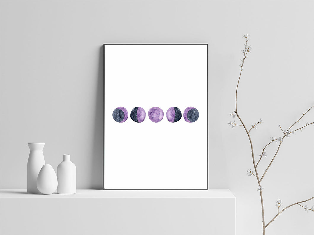 Moon Phases Purple Watercolour Art Print A4, Navy Lunar Cycle, Waxing Waning, Full Moon, New Moon, Crescent Moon, Wall Art, Bedroom Wall Art