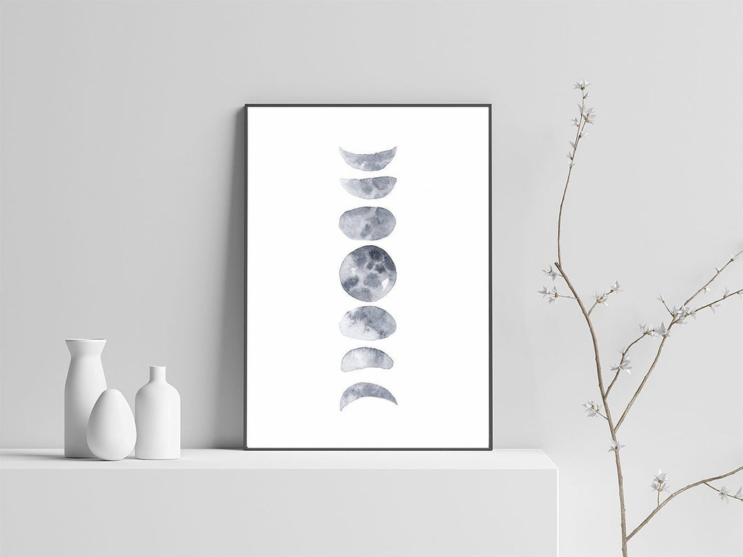 Moon Phases Watercolour Art Print A4, Grey Lunar Cycle, Waxing Waning, Full Moon, New Moon, Crescent Moon, Wall Art, Bedroom Wall Art