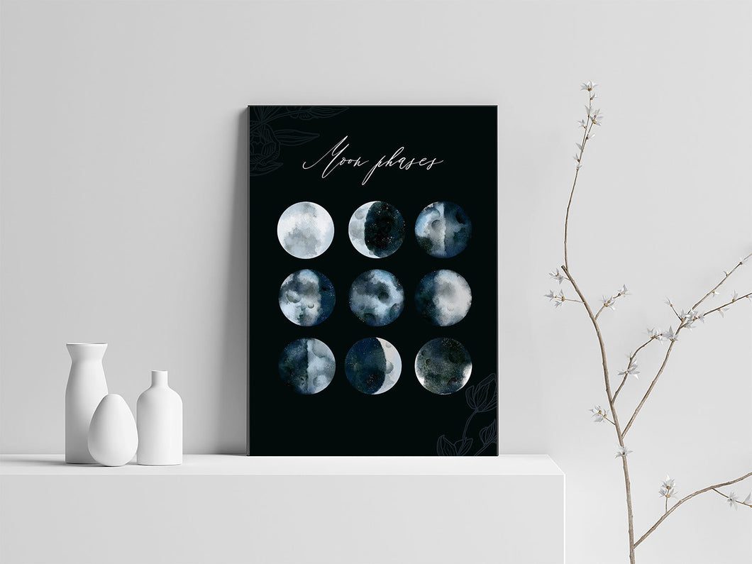 Moon Phases Watercolour Art Print A4, Black Lunar Cycle, Waxing Waning, Full Moon, New Moon, Crescent Moon, Wall Art, Bedroom Wall Art