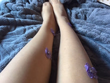 Load image into Gallery viewer, Make a wish Nude Tights with Applique Purple Flower Embellished Panty Hose Floral Transparent Handmade Dress Up Hosiery Perfect for Special Occasions
