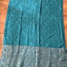 Load image into Gallery viewer, Make a wish Pashmina Paisley Teal Tassel Reversible Wear Both Ways Shawl Scarf Silver Teal Green Woven Work Warm Soft 100% Cashmere Blend Fabric
