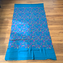 Load image into Gallery viewer, Peace Intention Floral Paisley Block Print Oswal Woollen Shawl Scarf Blue Pink Design Embroidery Warm Soft 100% Wool Border Fabric
