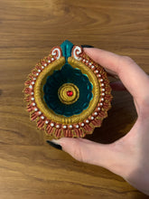 Load image into Gallery viewer, Make Your Wishes Come True Hand painted Small Trinket Dish Indian Clay Material Green Red Gold Circle for storage of items jewellery hand made embellished tray 9 x 8cm
