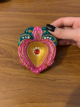 Load image into Gallery viewer, Make Your Wishes Come True Intention Hand painted Small Trinket Dish Indian Clay Material Pink Green Pear for storage of items jewellery hand made embellished ombre tray 8 x 8cm
