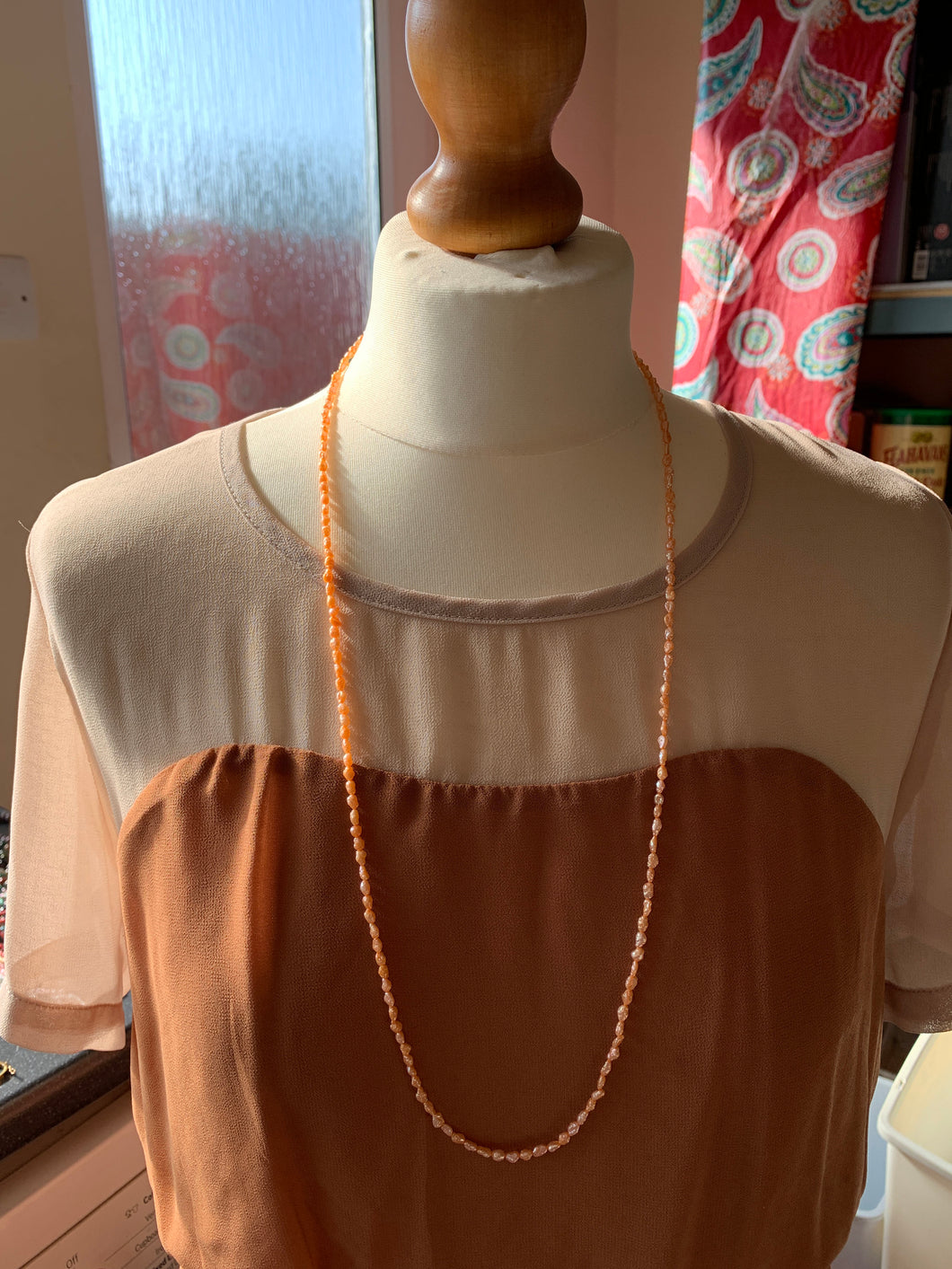 Intimacy Freshwater Orange Pearls Long Necklace for Sacral Chakra Manifesting Jewellery Over the head necklace Dainty Delicate