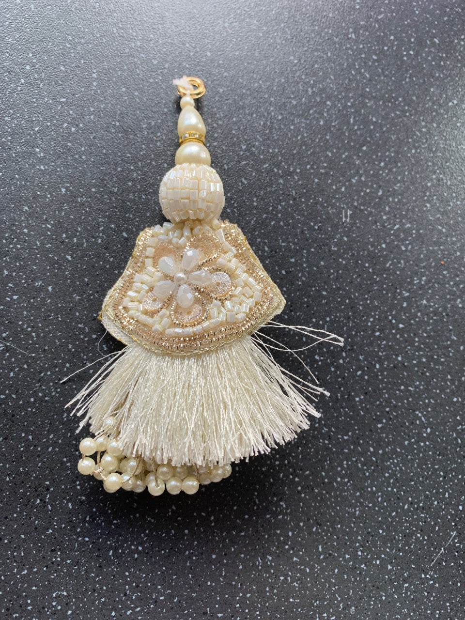 Attract Success & Wealth Hanging Gold Beaded Faux Pearl Intention White Beaded Tassel